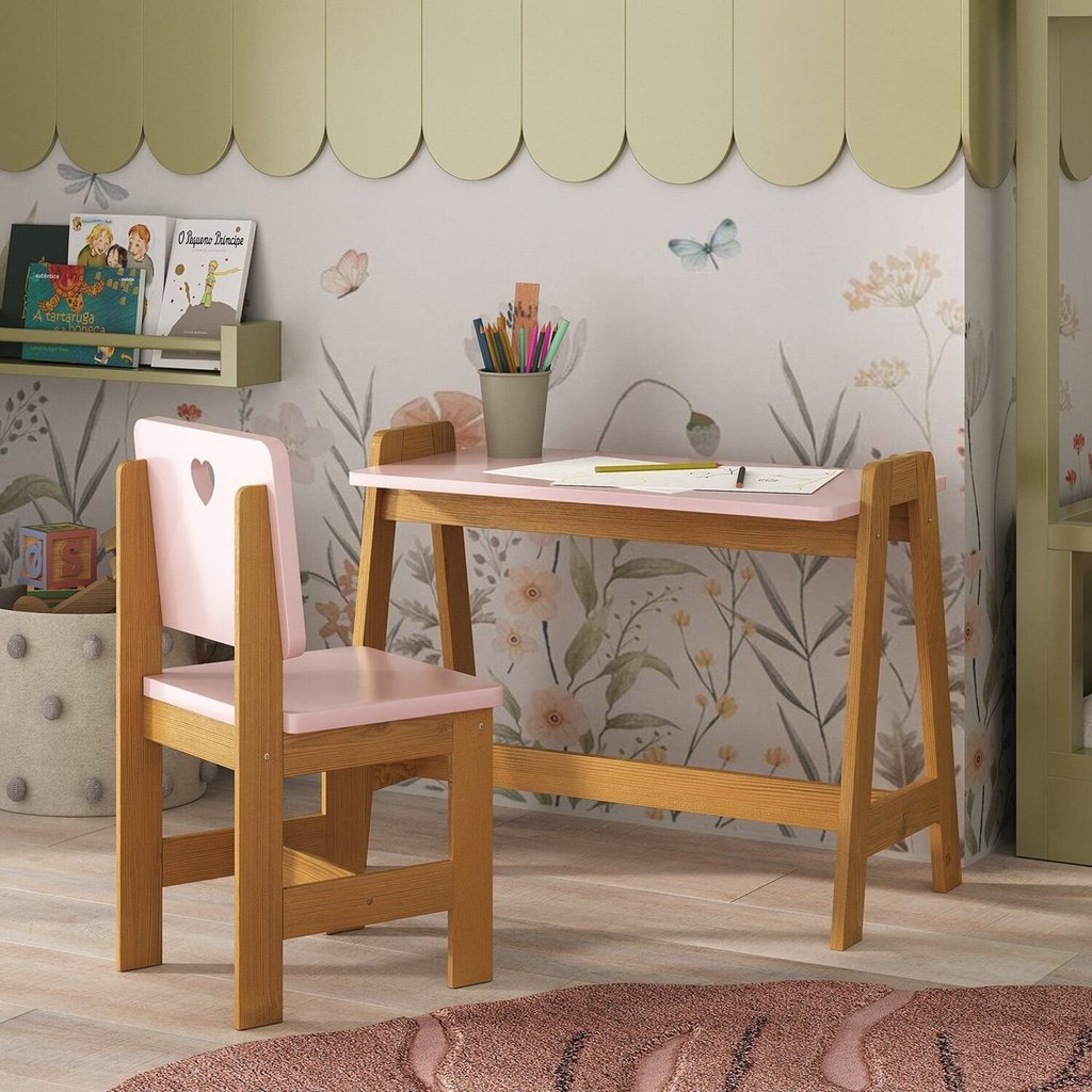 Conjunto Mesa Escrivaninha + 1 Cadeira Infantil Sofia Madeira Maciça / Mdf Rosa