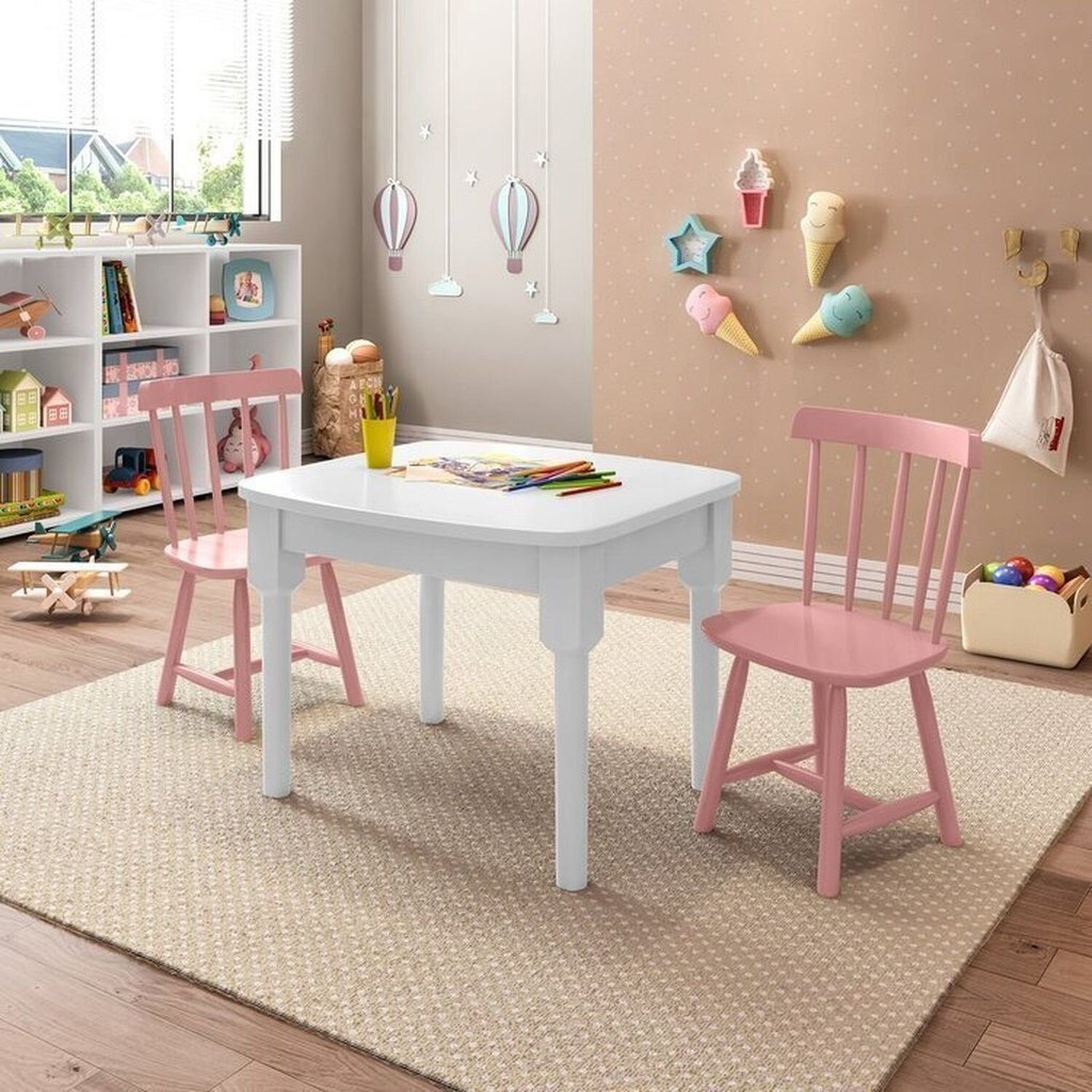 Mesa Infantil com 2 Cadeiras Mariah Madeira Maciça e Laca Casatema MadeiraOriginals Rosa/Branco