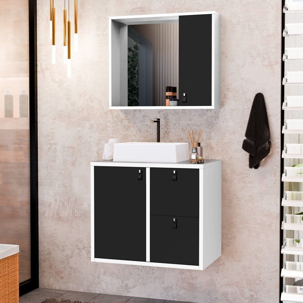 Conjunto Gabinete para Banheiro com Cuba Sobrepor, Tampo de Vidro e Espelheira Toro 60 Cm Branco/Preto