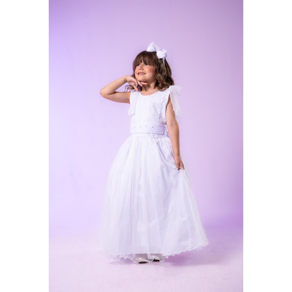 Vestido Infantil Branco Longo Marie Mel Daminha Batizado Festa Luxo