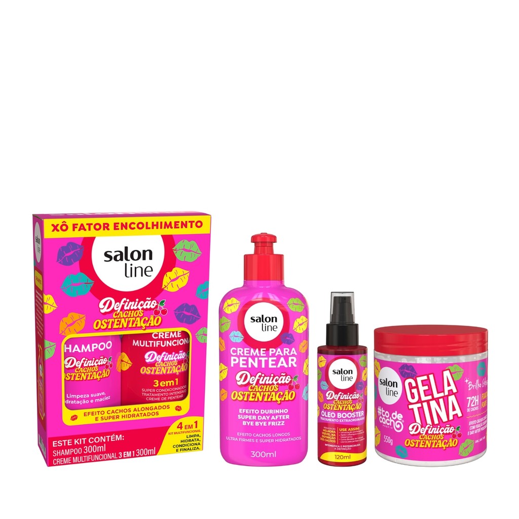 Kit Cachos Ostentação Shampoo + Creme Multifuncional, Óleo Booster, Gelatina e Creme para Pentear