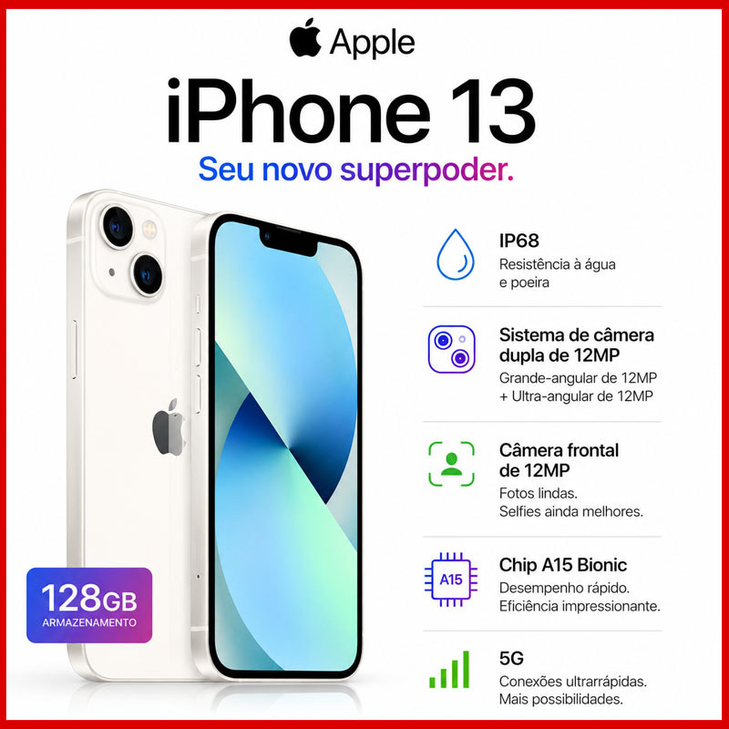 Celular iPhone 13 (128GB) (256GB) 100% Original Apple Seminovo Vitrine Bateria 85% a 100% NF Carregador Película Capinha