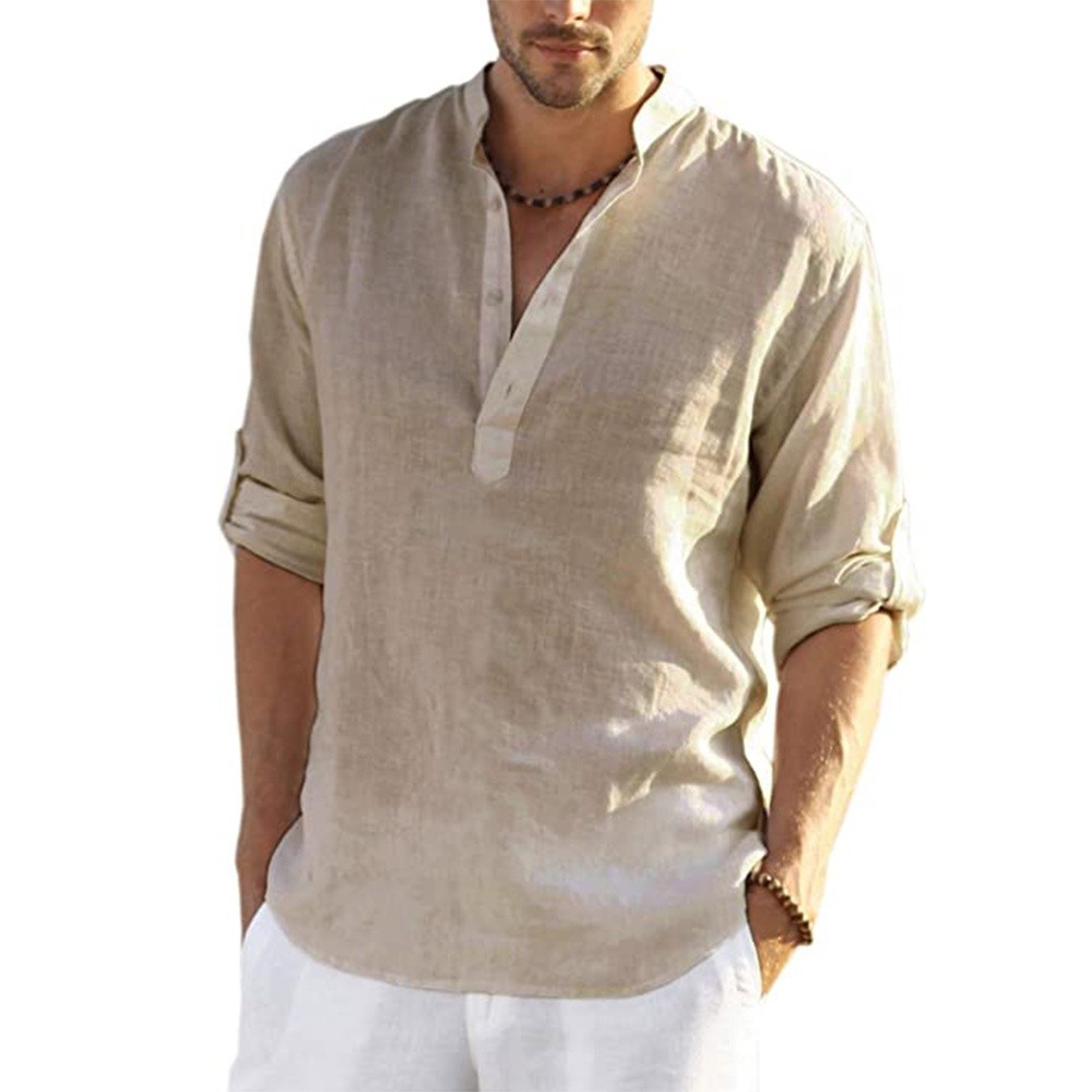 Camisa Casual Masculina 2025, Camisa de Manga Longa em Algodão e Linho, Camiseta de Primavera e Outono, Camisas Masculin