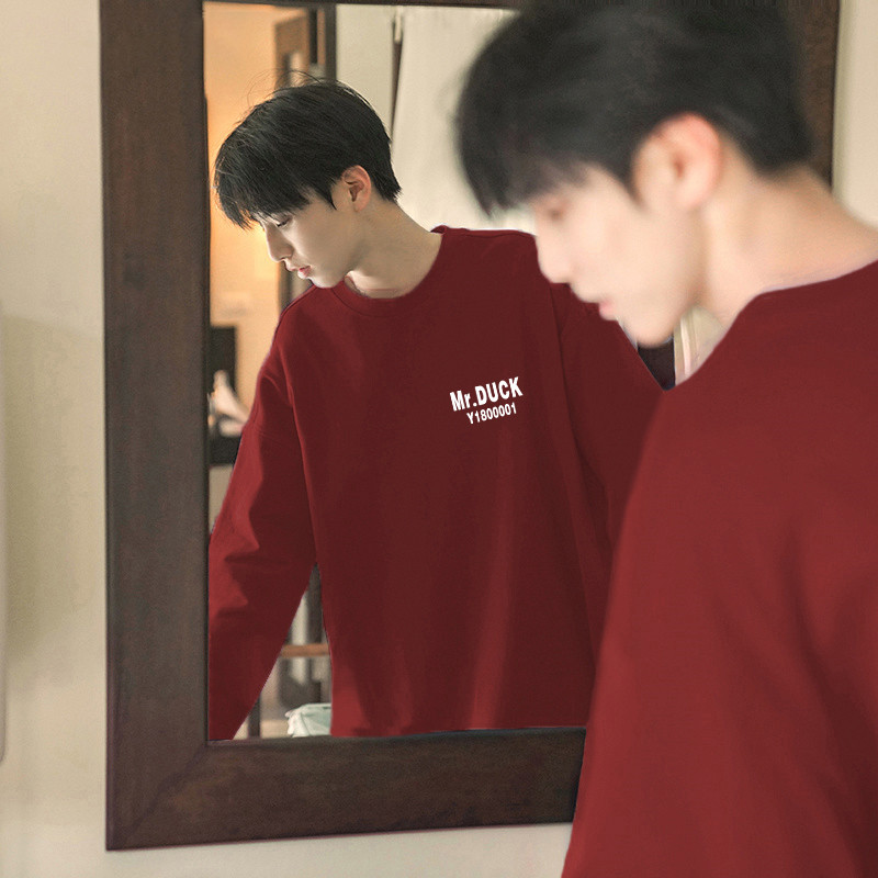 Algodão puro primavera outono manga comprida camiseta masculina topo estilo Hong Kong Street Wear na moda juventude boni