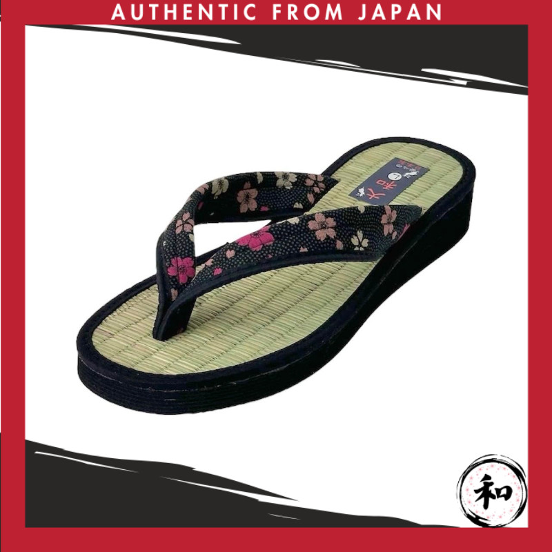 [Daimyo Shokai] Sandálias japonesas femininas com hanao, palha tatami, estampa japonesa (3604(preto), M)【Direct from