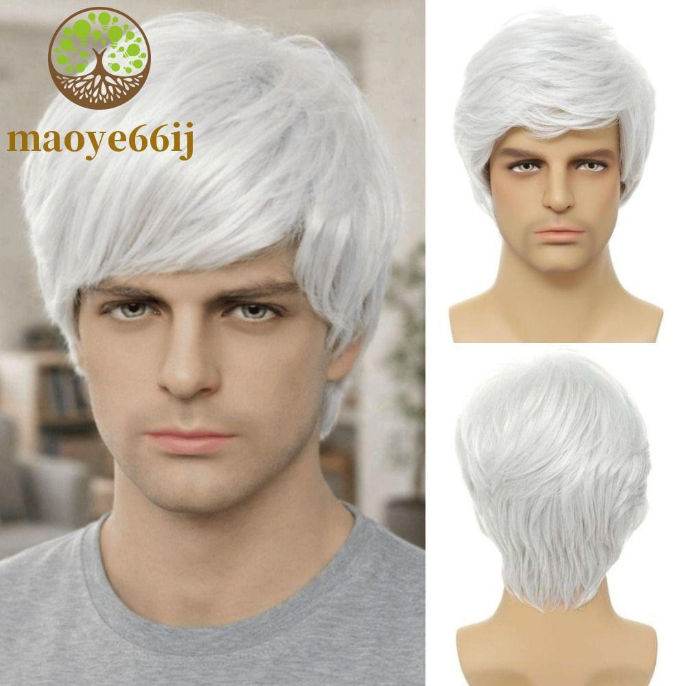 MAOYE66 Perucas Sintéticas Masculinas , Cosplay Branco Moda Masculina Cabelo Curto , Peruca Curta Reta Resistente Ao Cal