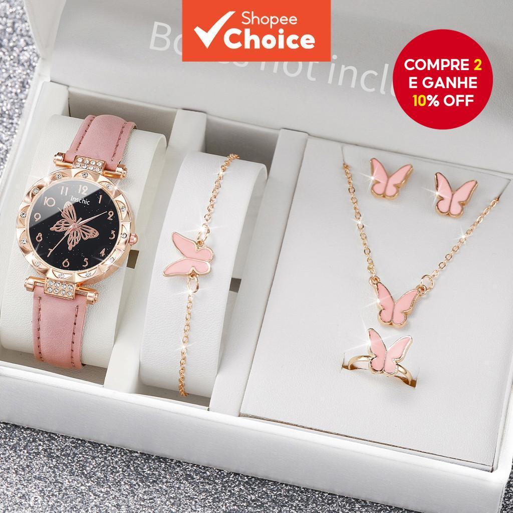 6 Peças Elegante Strass Borboleta Números Pulseira De Couro Feminino Relógio Conjunto De Joias Sem Caixa