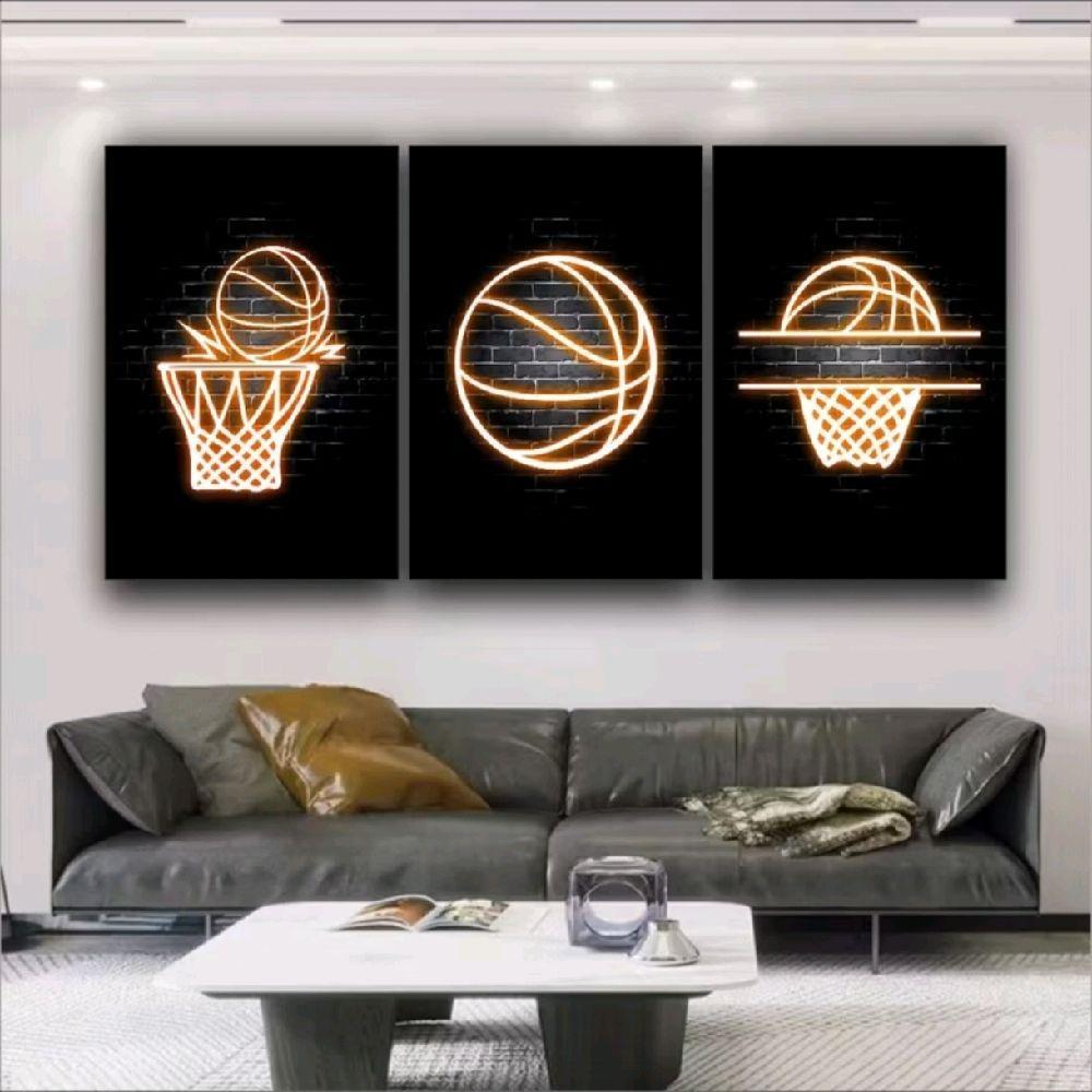 quadros decorativos esporte basquete cesta bola neon salão de jogos quarto sala quadra