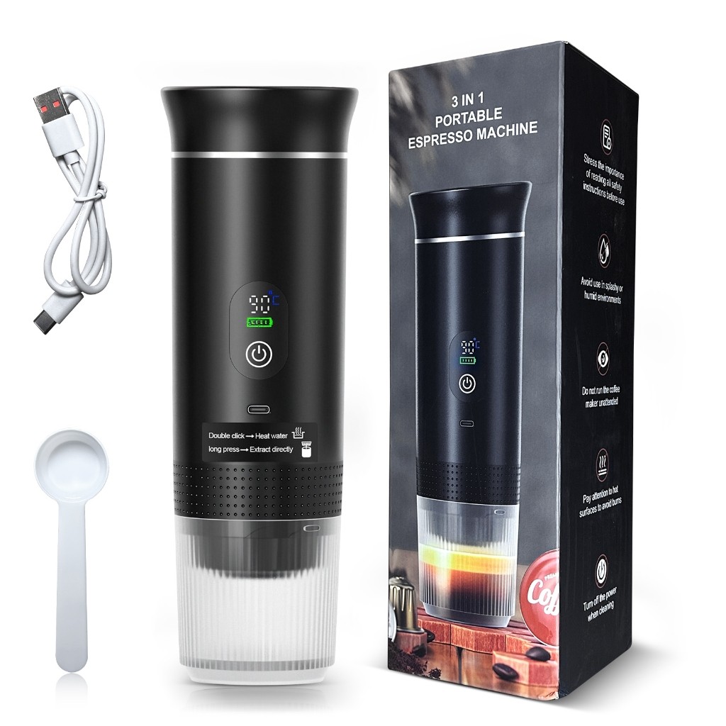 Imagem Máquina de Café Expresso Portátil 3 em 1 Elétrica Preta Cafeteira cápsulas ou Café Moído