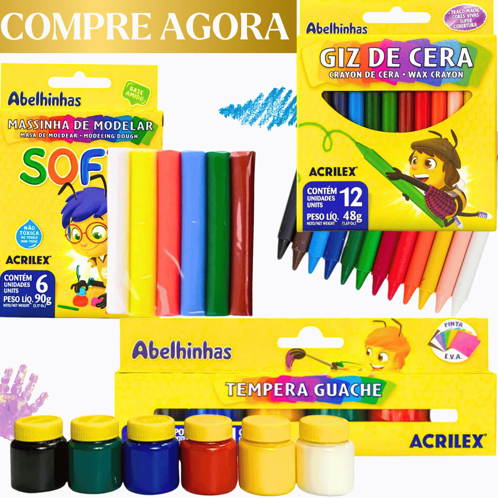 Kit Material Escolar Artes Infantil Giz De Cera Colorido+ Massinha para Modelar+ Tinta Guache em Oferta na Shopee