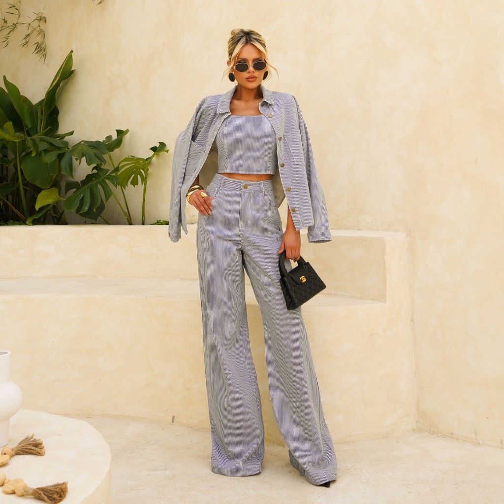 Conjunto Calça Wide Leg, Camisa Oversized E Cropped Faixa Listrado Kit 3 Peças Cintura Alta Moda