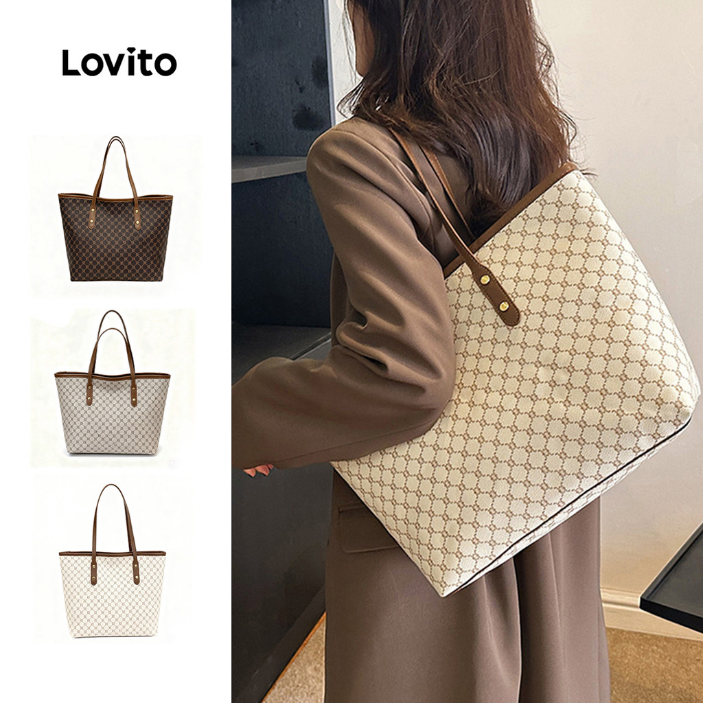 Lovito Bolsa De Ombro Casual Vintage Monograma Grande Capacidade Bolsa De Ombro Para Mulheres LFA90328 em Oferta na Shopee