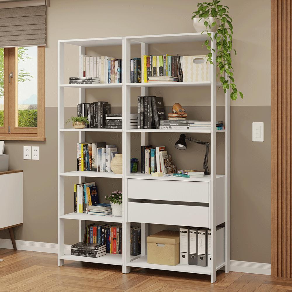 Estante Armário Multiuso para Escritório 129cm 9 Prateleiras 2 Gavetas Branco Madesa
