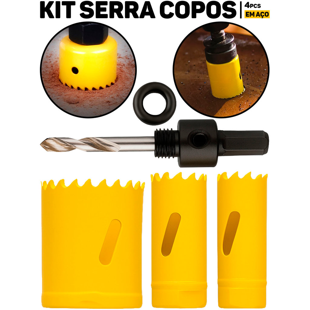 Kit Jogo Serra Copo Aço 4 Peças P/ Furadeira Elétrica Madeira PVC Plástico Uso Geral