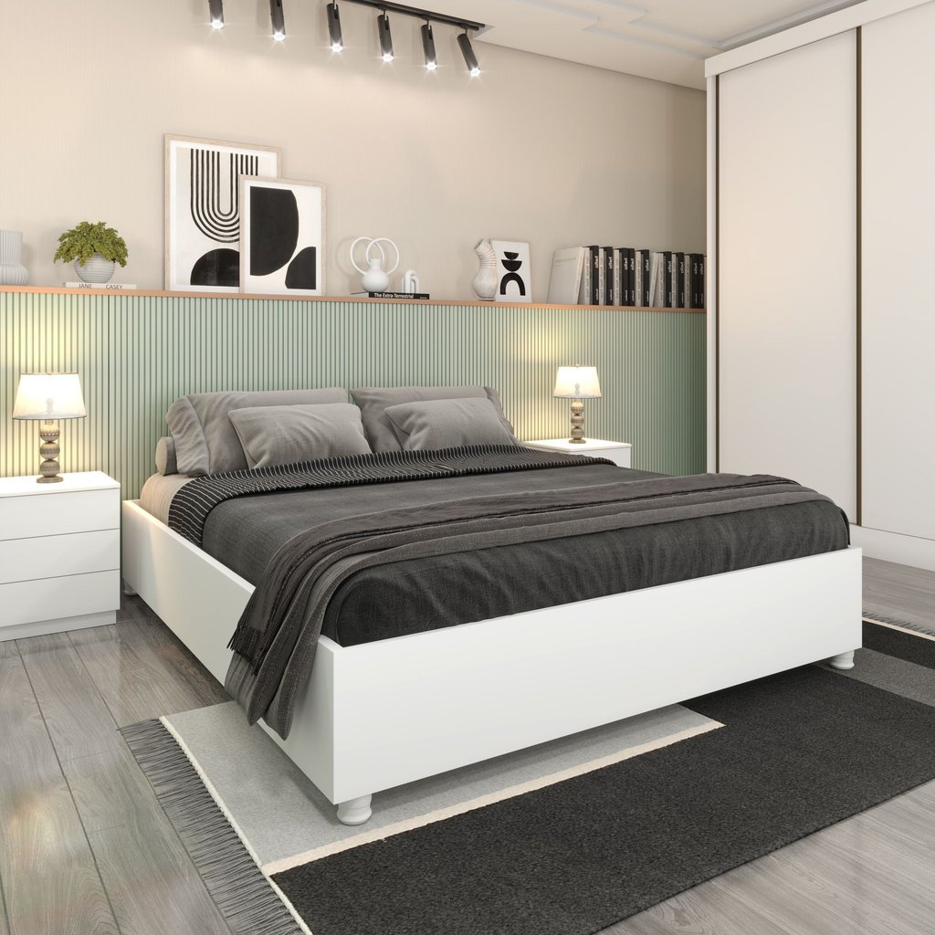 Cama Casal em MDP 193cm x 144cm Grecia Yescasa Branco Branco/Neve