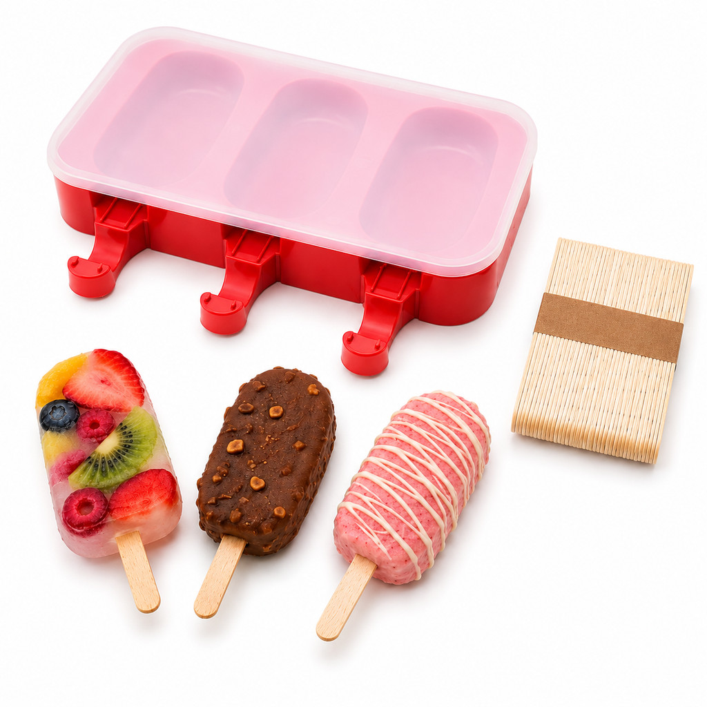 Forma De Silicone  Picolé 3 Cavidades Com Tampa 50 Palitos