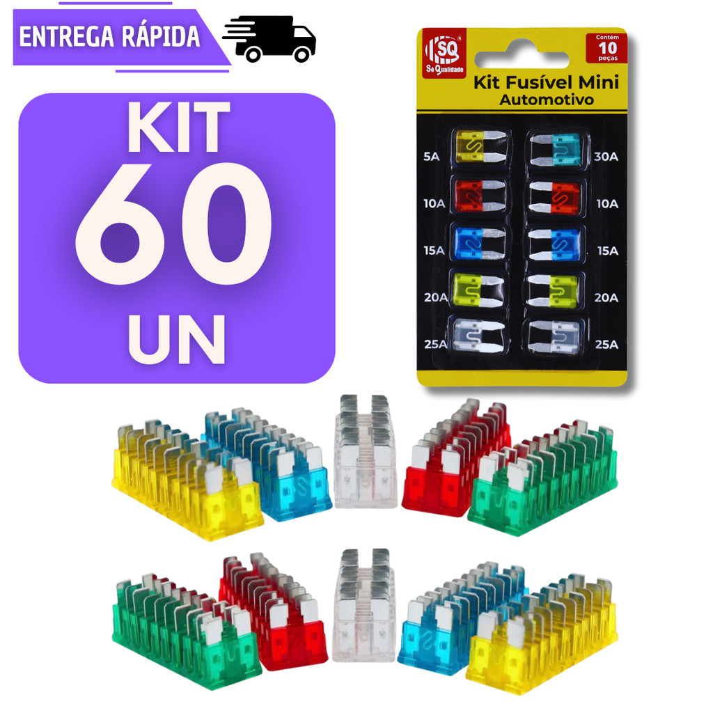Cartela 60 Fusiveis Lâmina Automotivo Mini 5A 10A 15A 20A 25A Proteção Veicular Para Carro Moto Fusivel Bateria