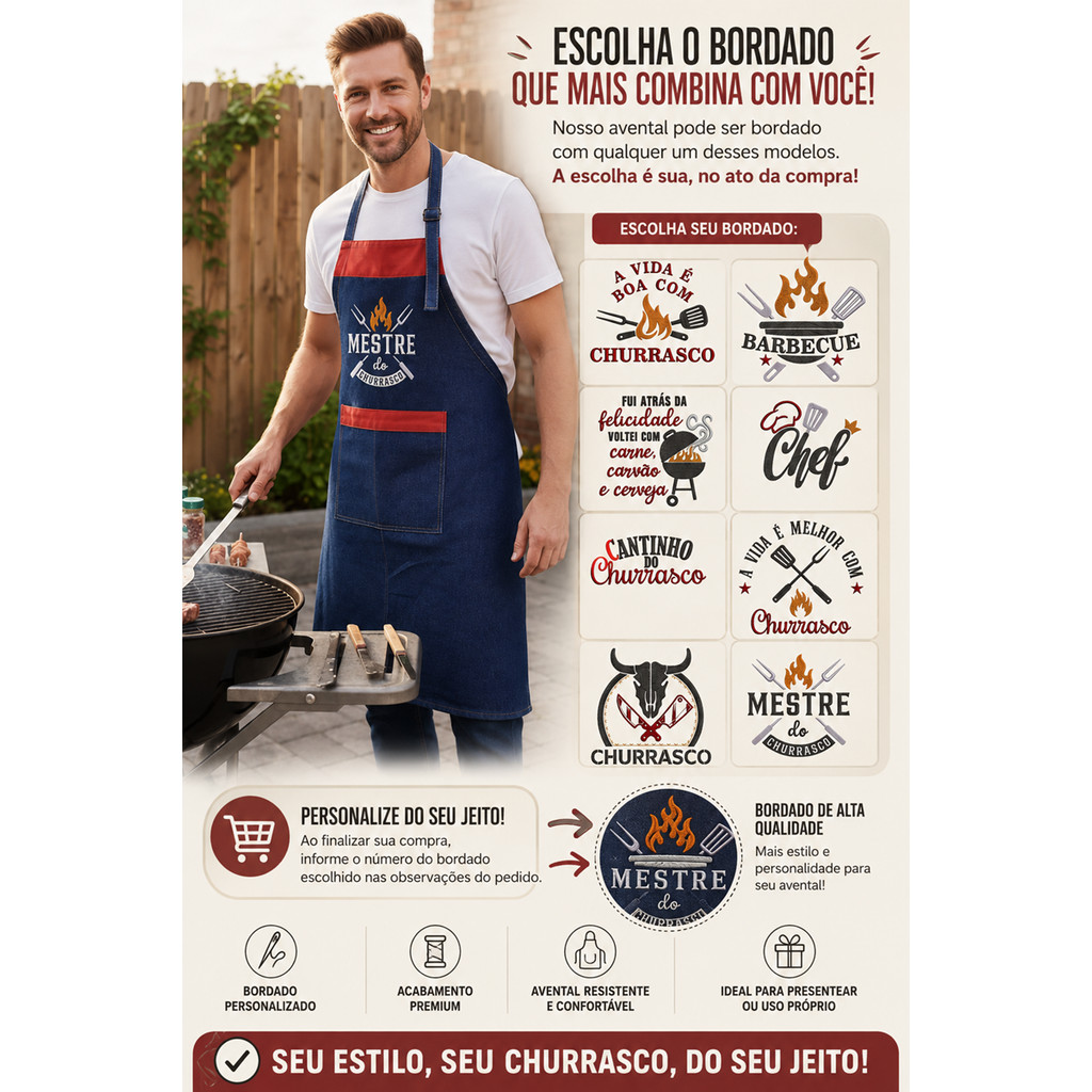 Avental Jeans Bordado C/ Bolso Cozinha Bar Churrasqueiro Top Presente Brinde Festa Cozinheiro Barbeiro