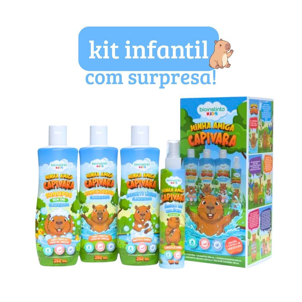 kit Shampoo e condicionador Sabonete líquido e Água de colônia Minha Amiga Capivara Bio Instinto