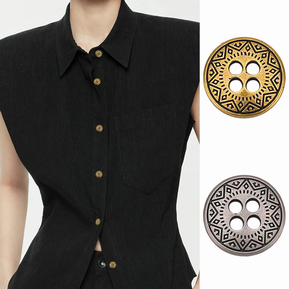 10 Peças Botões De Metal Redondos Com Padrão Vintage , Roupas De 4 Furos De 1.2 Cm Ouro Prata Para Camisa Cardigã Blazer