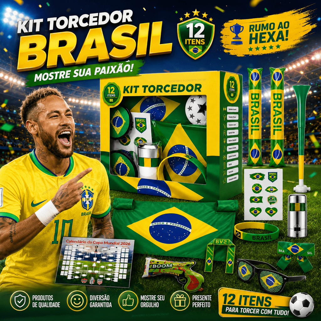 Kit Torcedor Brasil 12 Itens Copa do Mundo 2026 Bandeira Corneta Óculos Adesivo Faixa Futebol