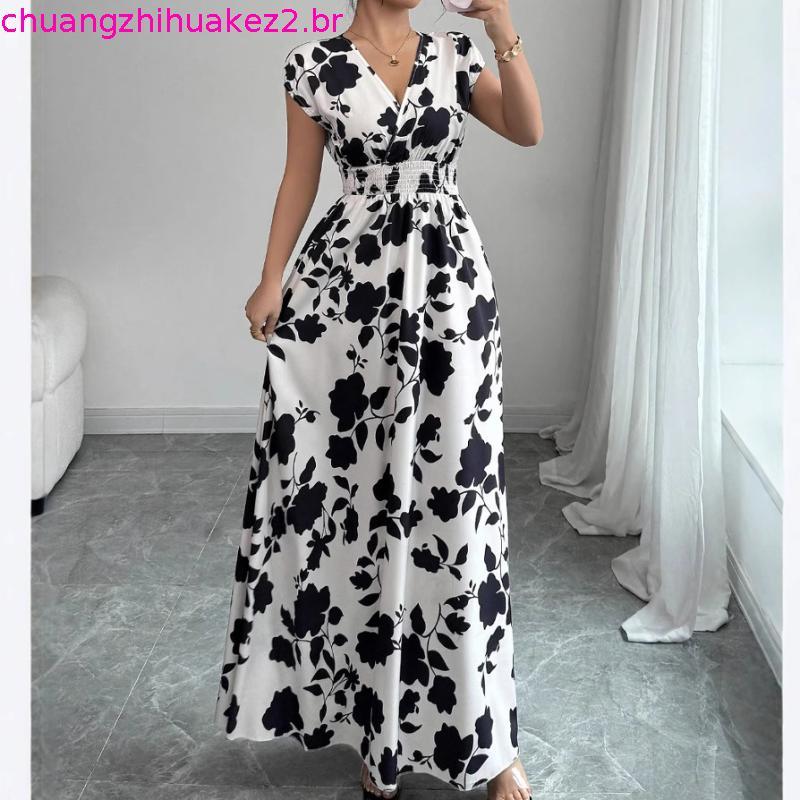 vestido feminino vestido longo feminino roupa feminina renda de manga curta com decote em v saia verão cintura estreita