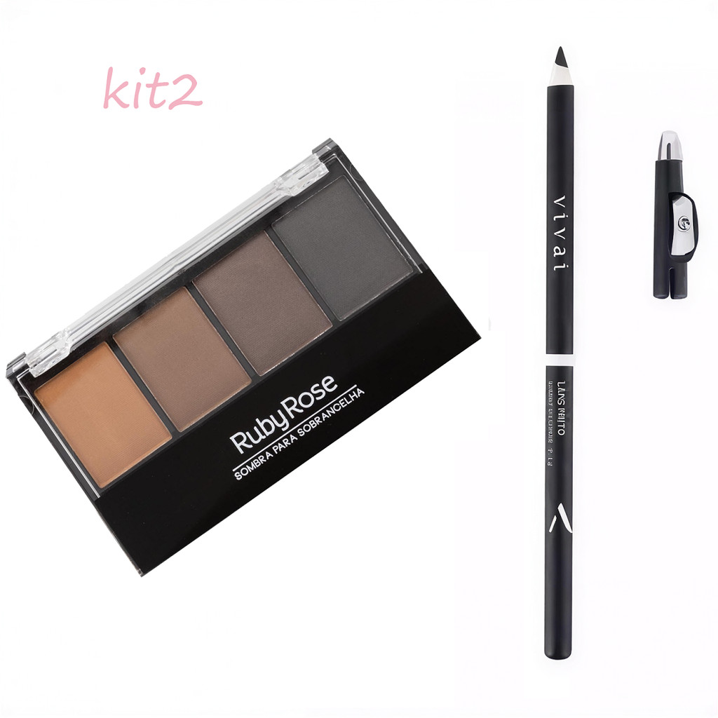 Trio Paleta de Sombra para Sobrancelha Ruby Rose HB9354 + Lápis Delineador Preto Vivai com Apontador