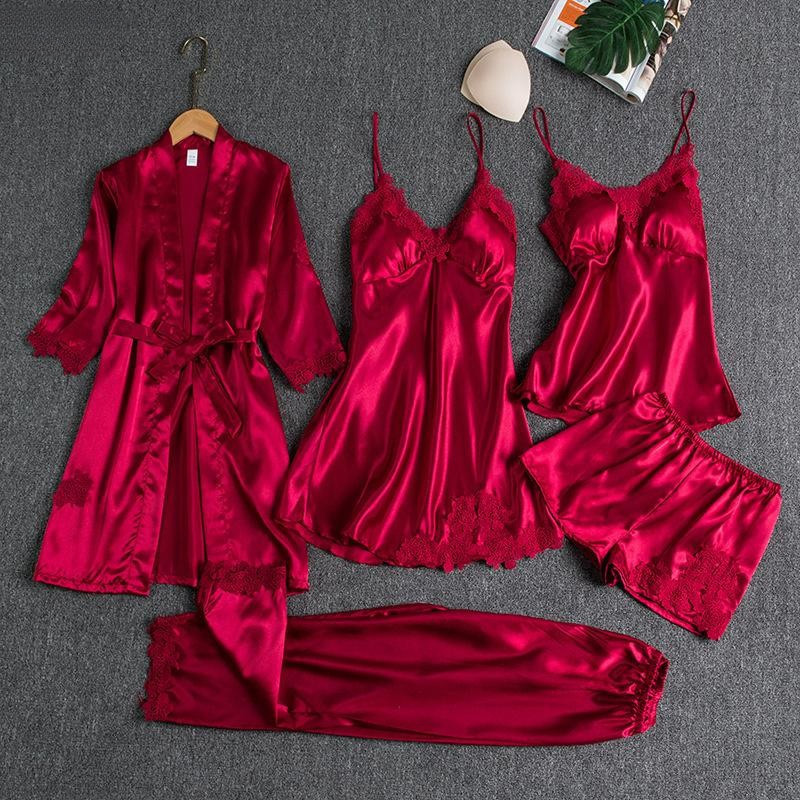 Conjunto De Camisola De Seda De 5 Peças Para Mulheres , Pijamas Com Acabamento Em Renda , Roupa De Pijama Elegante Decot — imagem 1