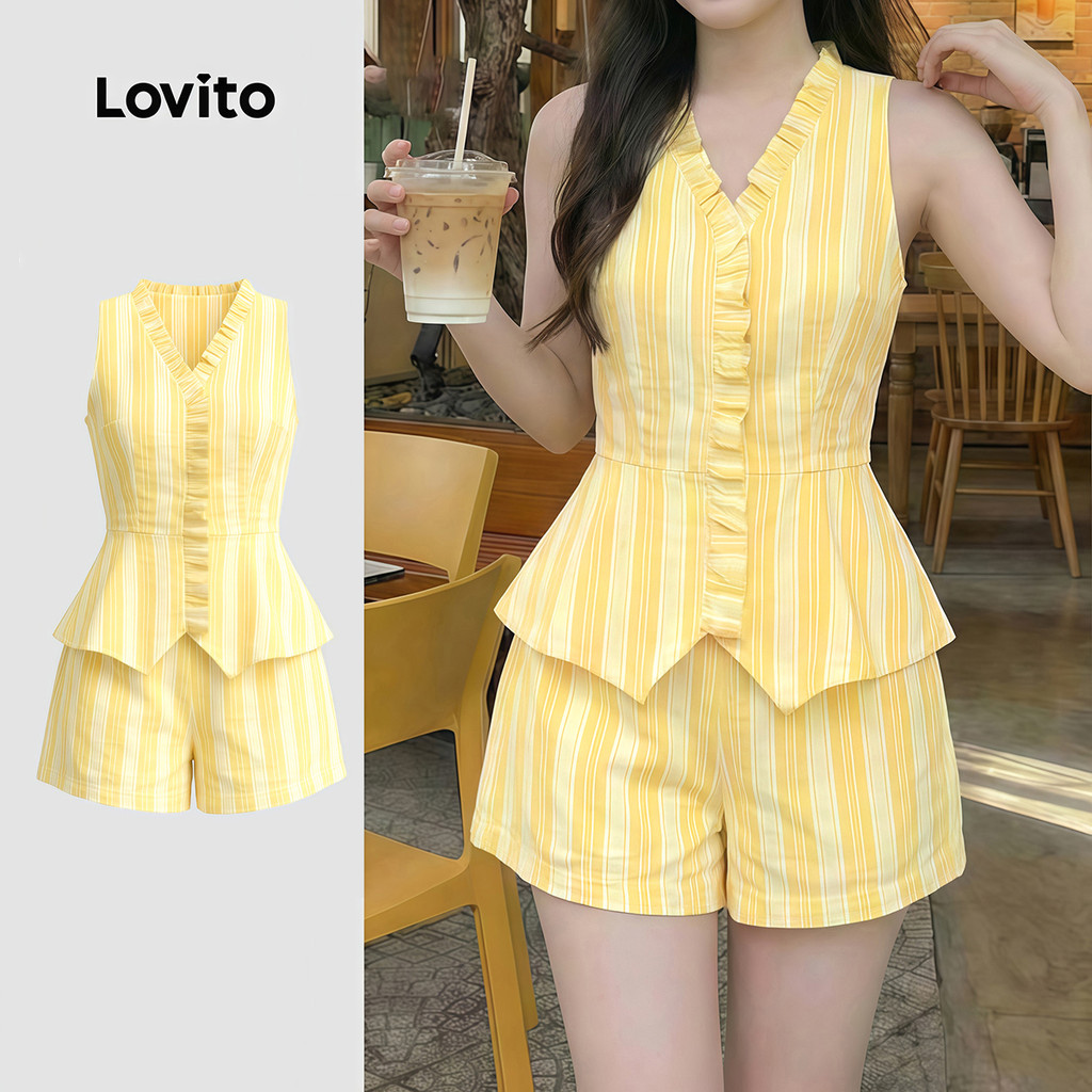 (Lovito x Ana) Elegante Top Amarelo Listra Transparente Primavera/Verão Lazer pa