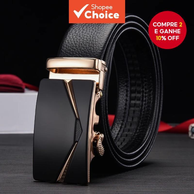 Cinto Masculino De Couro Genuíno Com Fivela Automática – Alça Ajustável Durável Para Negócios , Casual E Uso Diário em Oferta na Shopee