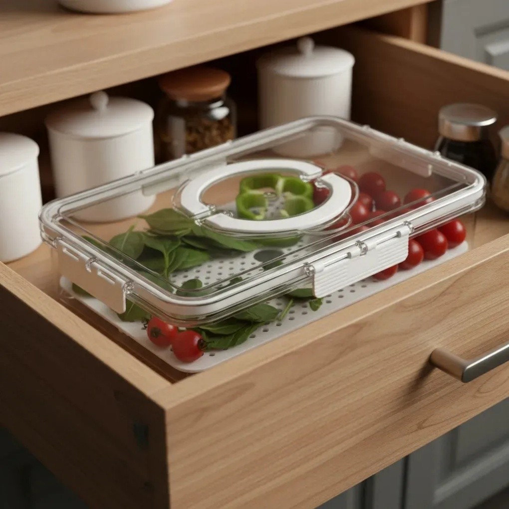 Pote Hermético com Dreno Transparente para Geladeira - Organização de Legumes e Verduras