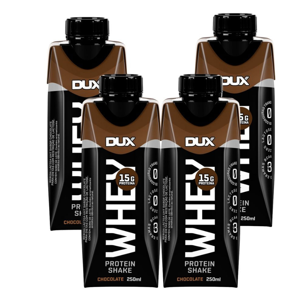 Kit 4 Bebida Láctea UHT Whey Protein Shake Dux Sabor Chocolate com 15g de Proteína 250ml em Oferta na Shopee