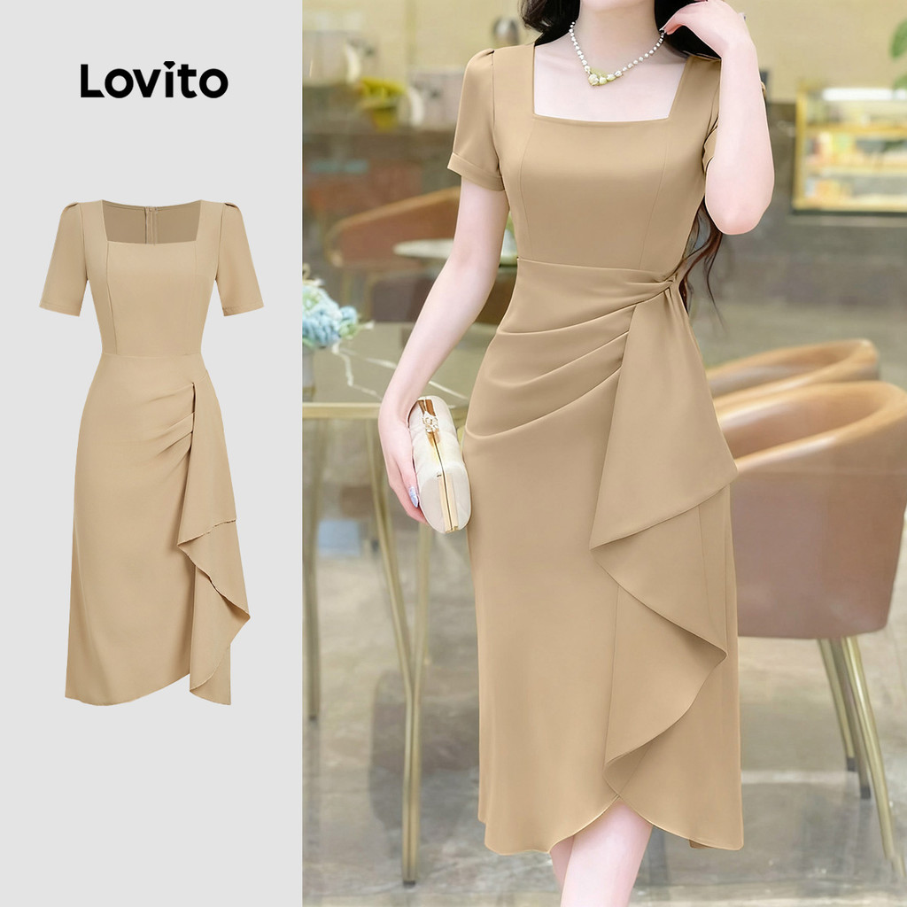 Lovito Vestido Elegante Assimétrico para Mulheres Primavera/verão em Caqui L164LD027 em Oferta na Shopee