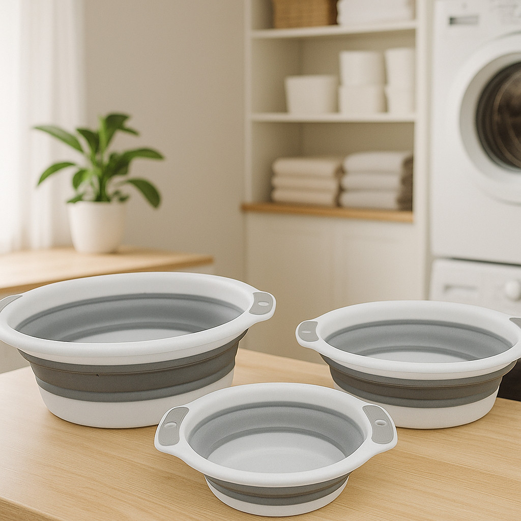 Kit 3 Bacias Dobrável Retrátil Multiuso Balde Cesto Sanfonado Silicone Cozinha Lavanderia Limpeza