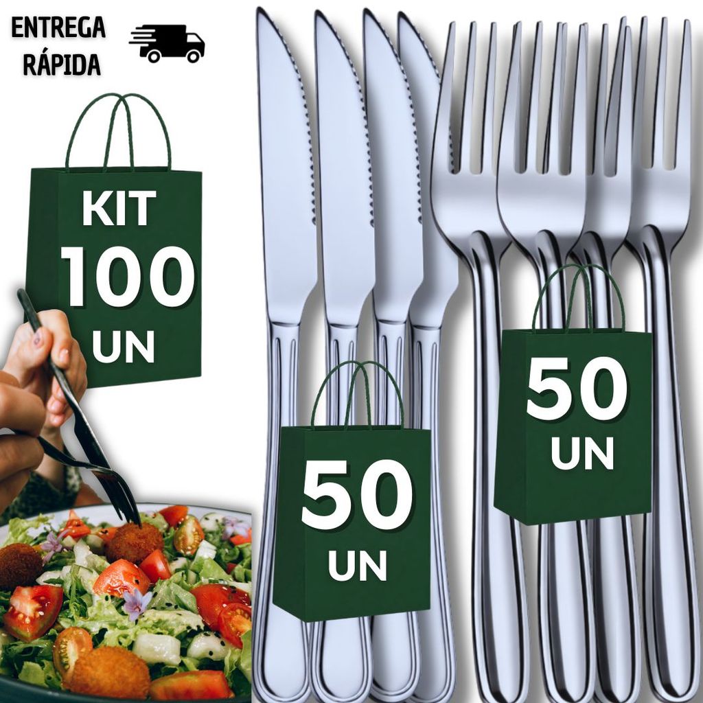Conjunto 100  Talheres Inox 50 Faca 50 Garfo  Cozinha Restaurante Buffet Casa Resistência Qualidade Utilidades
