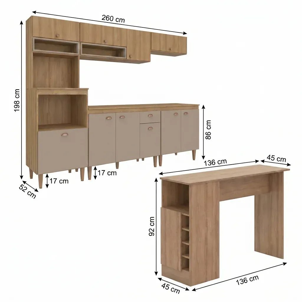 Cozinha Completa Modulada 7 Peças com Torre Quente e Balcão com Tampo Marti Yescasa Mel/Fendi Cinza Sim