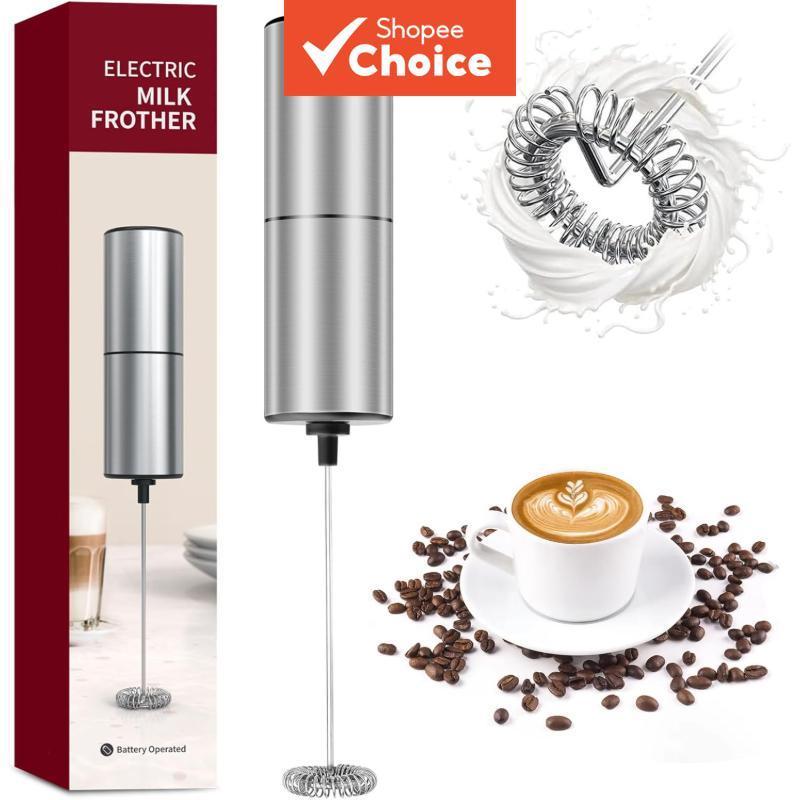 Batedor de Leite Manual & Misturador de Bebidas em Aço Inoxidável a Pilhas, Espumador de Leite & Mini Misturador de