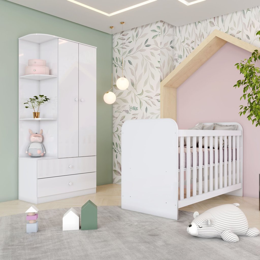 Quarto de Bebê Compacto com Berço e Guarda Roupa Sonho Encantado Espresso Móveis Branco Branco