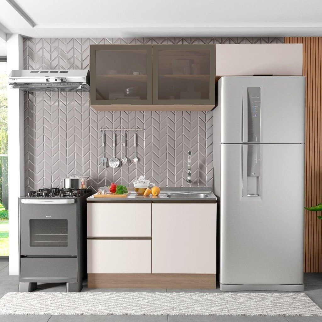 Cozinha Modulada 3 Peças 4 Portas 3 Gavetas com Balcão para Pia Etna Bege/Carvalho Oak/Off White Carvalho/Off White