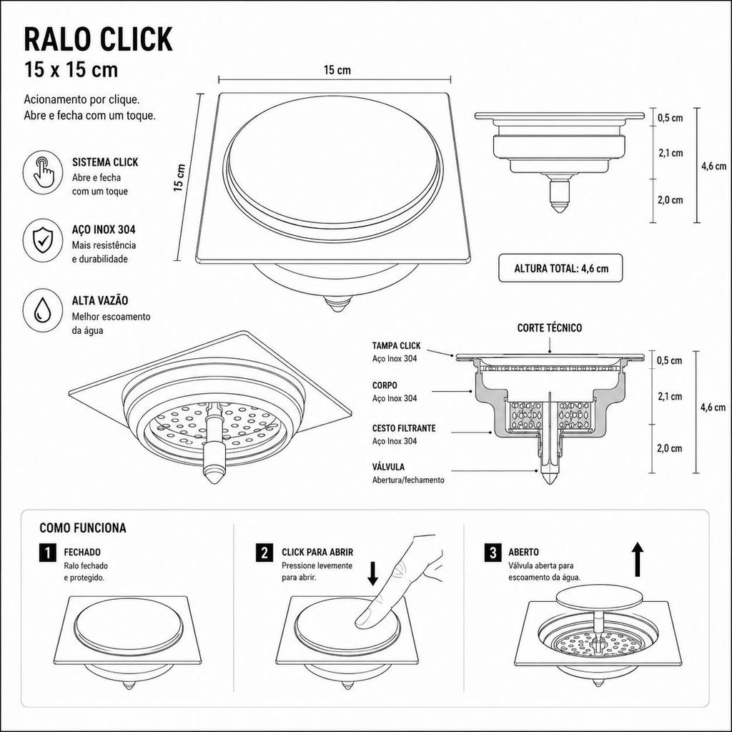 Ralo Quadrado Click 15x15cm Dourado Escovado — imagem 2 de 2