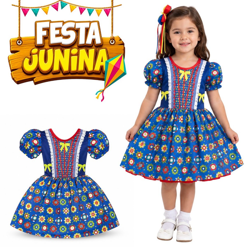 Vestido Junino Traje Infantil Dança Quadrilha Menina Colorido Festa Junina Julina Arraiá Feminino