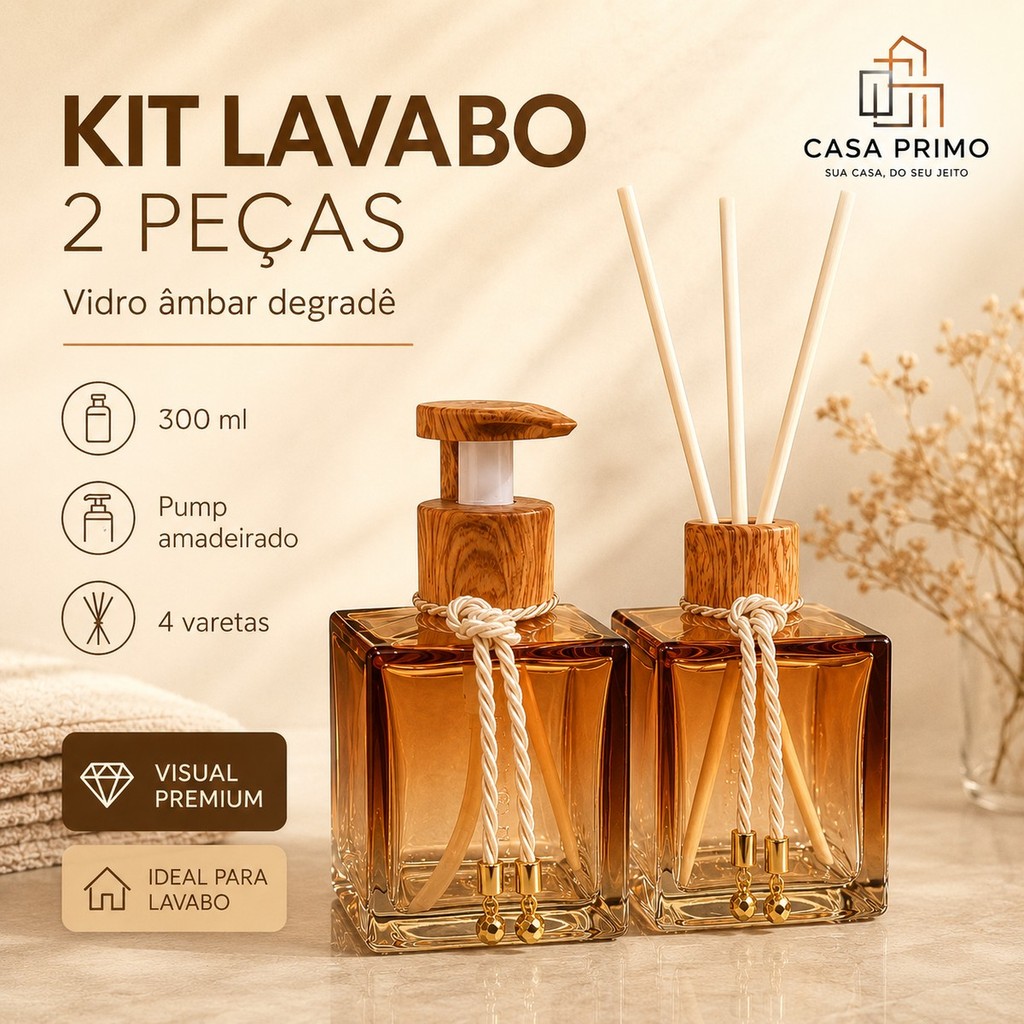 Kit Lavabo 2 Pc Banheiro Cubo Âmbar Degradê 300ml Difusor Saboneteira Amadeirado Casa Primo Premium