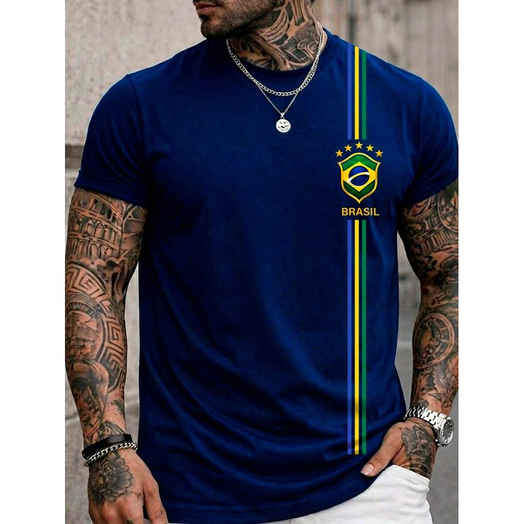 Camiseta Masculina Blusa Brasil 3 Listra T-Shirt Verao Manga Curta Camisa Algodao Top MYN STORE
