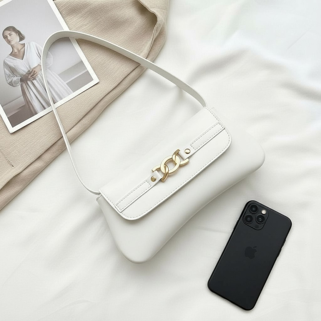 Bolsa Feminina de Ombro Branca Baguete Estilosa Casual Perfeita para o dia a dia