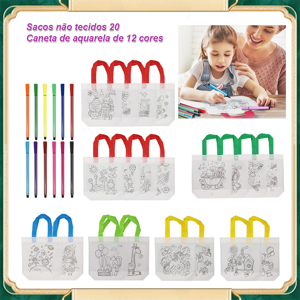 20 sacos não tecidos para pintar para crianças 10 designs Sacos de tecido para pintar Bolsas para crianças