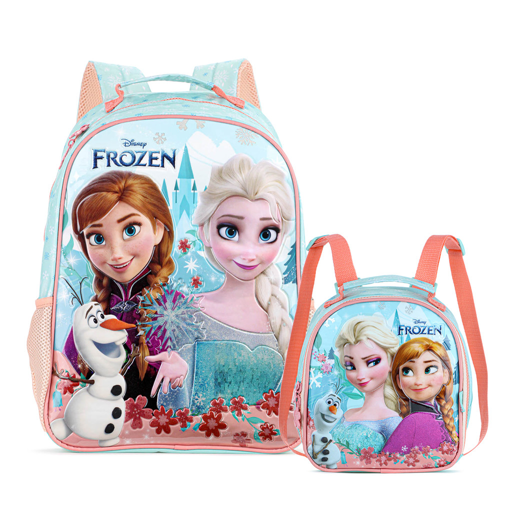 Kit Mochila 16 14742 + Lancheira 14744 Xeryus Frozen Escolar Azul e Salmão - Infantil