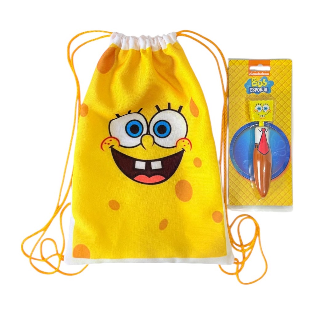 Kit Infantil Bob Esponja Mochila Saco e Caneta Exclusiva Escolar Presente Criativo