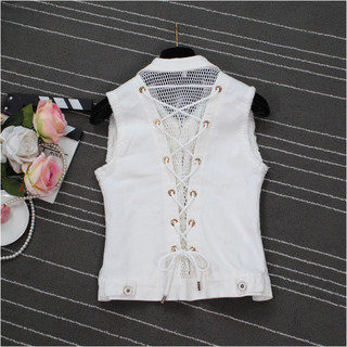 2026 verão novo estilo feminino branco Denim colete feminino moda elegante estilo ocidental colete pequeno colete de ren