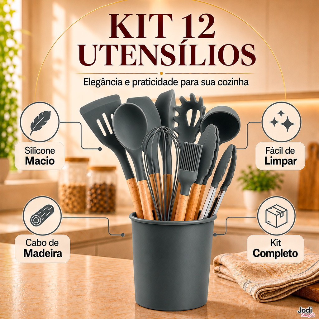 Kit 12 Utensílios de Cozinha em Silicone Resistente com Porta Utensílios
