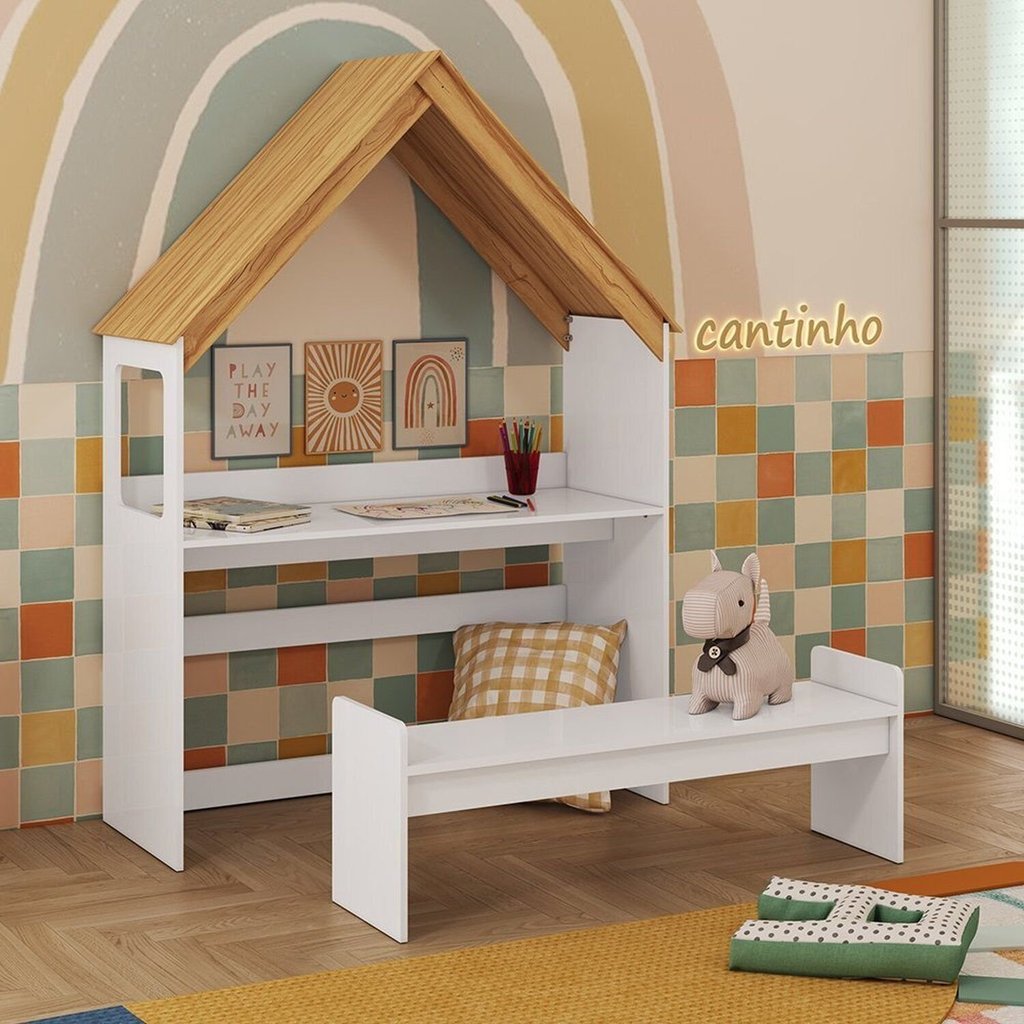 Escrivaninha Infantil Montessoriana Casinha 100% MDF Petra Espresso Móveis Branco/Brilho/Amêndoa